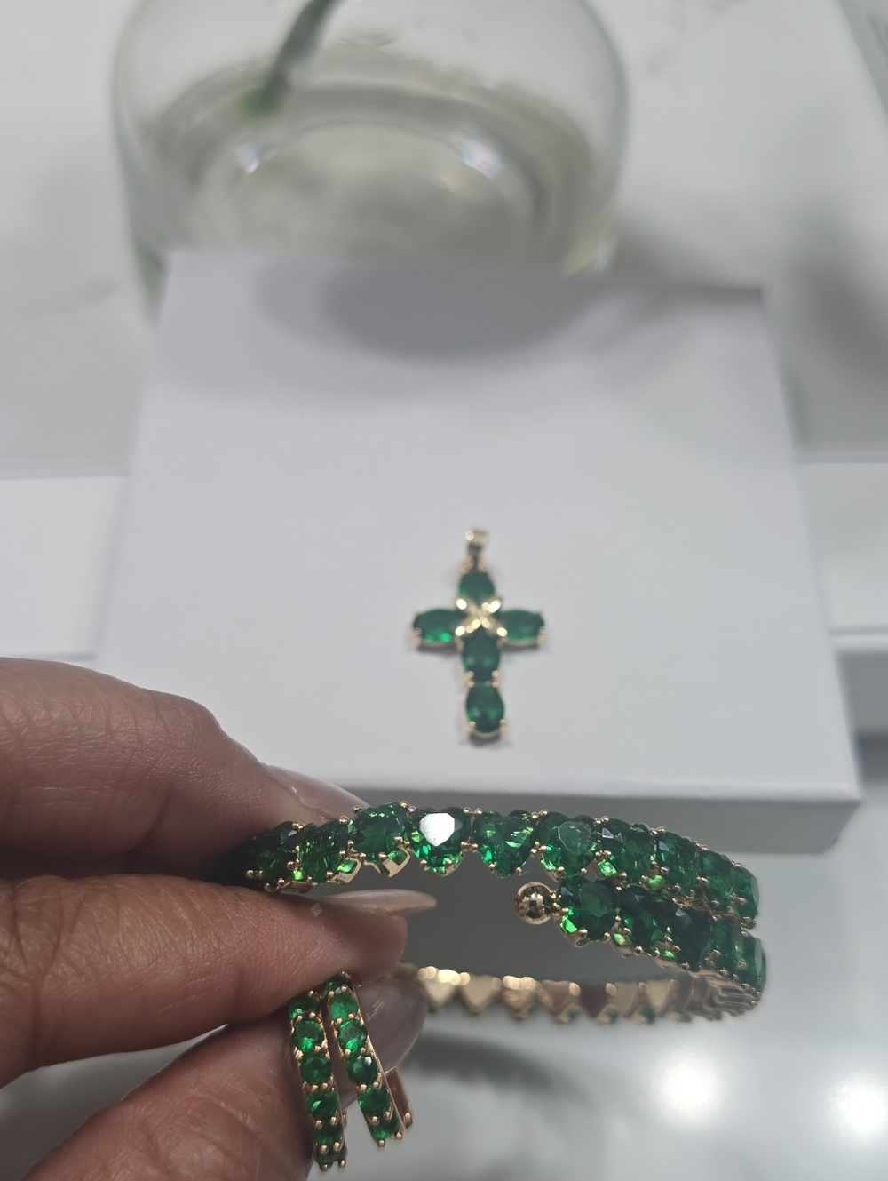 Gold-Set Green Crystal Bracelet and Earrings Set